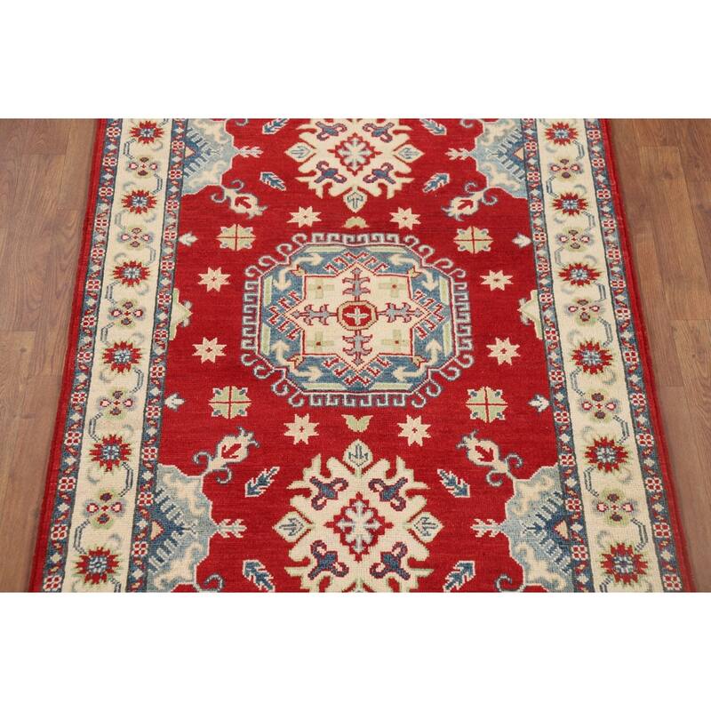 Red Geometric Kazak Rug Hand-Knotted Wool Carpet - 3'5" x 5'0"