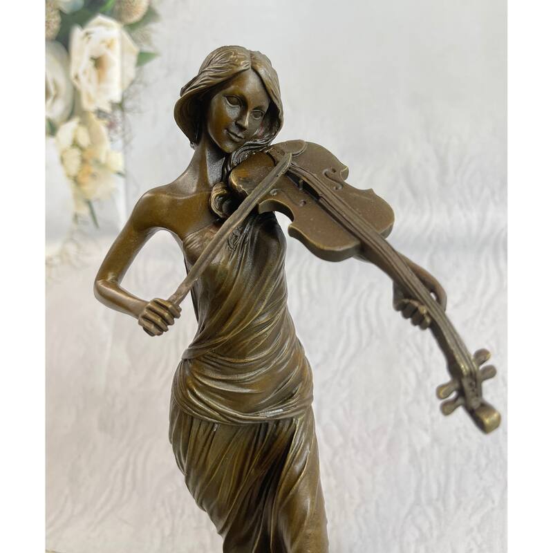 Brown Color Patina Bronze Sculpture Violin Player Viola Musician Marble Figurine