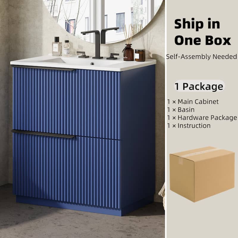 30" Bathroom Vanity with Ceramic Sink, Full-Extension Drawers, Soft Close Slides, and Fluted Design