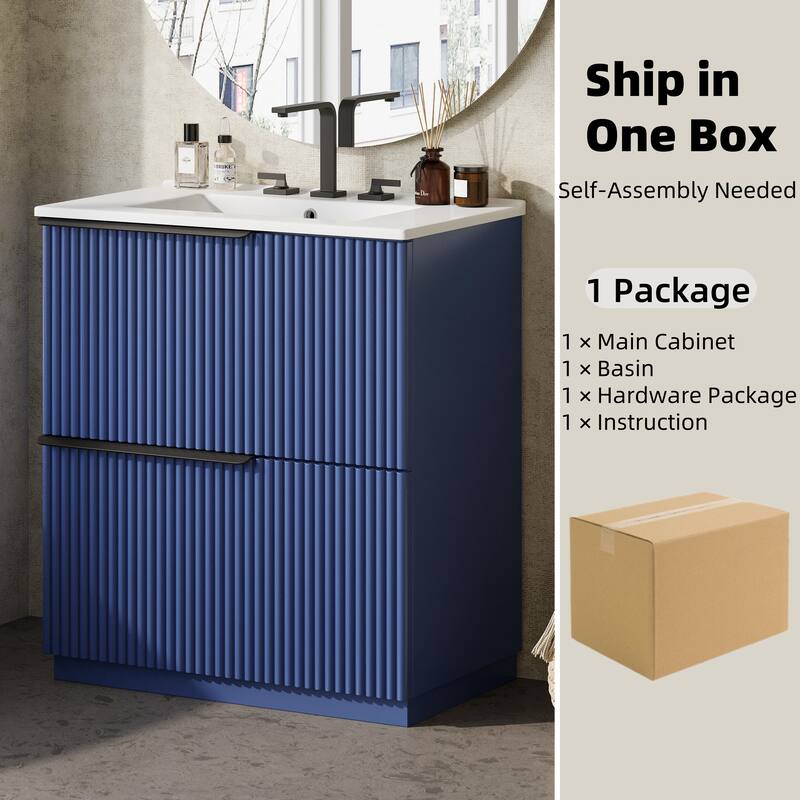 Fluted Bathroom Vanity with Ceramic Sink, Freestanding Vanities Set, Bathroom Storage Cabinet with Full-Extension Drawers