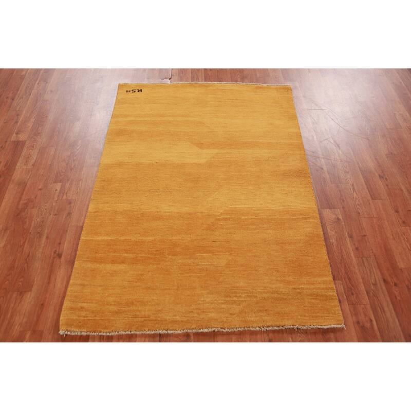 Yellow Gold Modern Gabbeh Oriental Rug Hand-Knotted Wool Carpet - 3'5" x 4'10"
