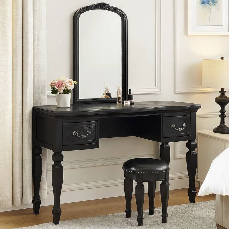 3 Piece Vanity Set with Carved Mirror and Turned Legs, Black