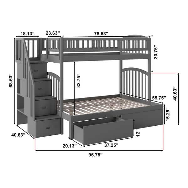 AFI Westbrook Twin over Full Size Staircase Bunk Bed with Bed Drawers & Charging Station in Grey