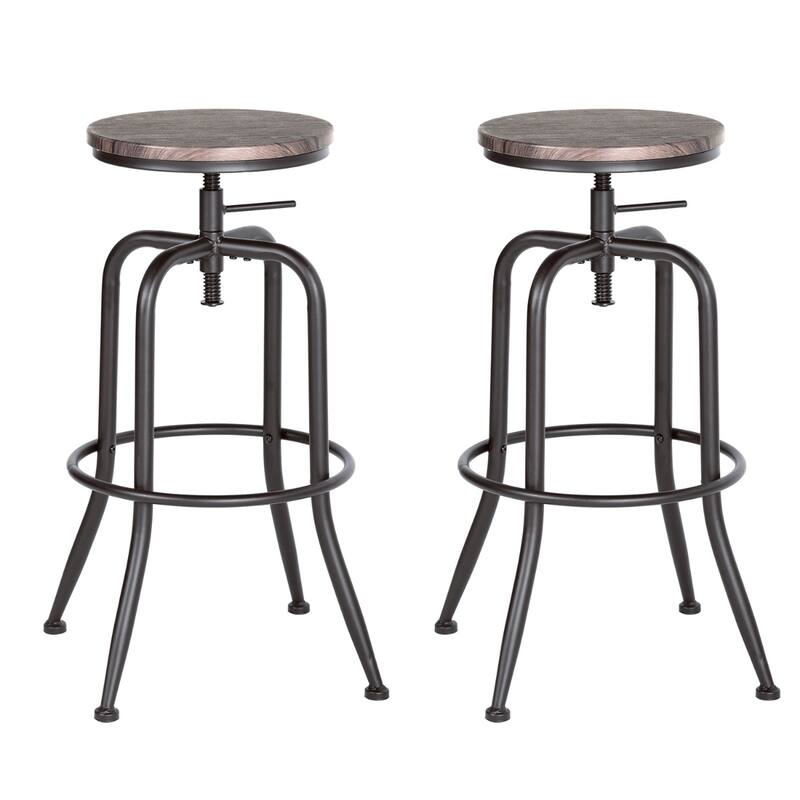 Set of 2 Adjustable Height Swivel Bar Stools with Footrest and Backless Round Wood Seat for Kitchen Island