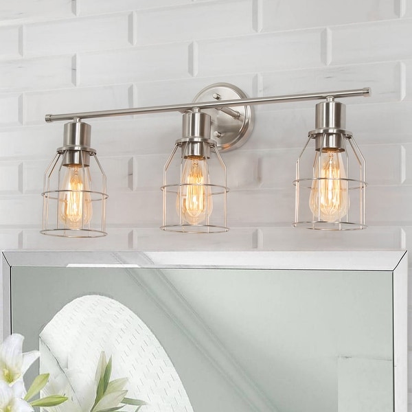 Industrial 3-light Nickel Bathroom Vanity Light Cage Wall Sconce - L23.6" * W6.7" * H8.7". Opens flyout.