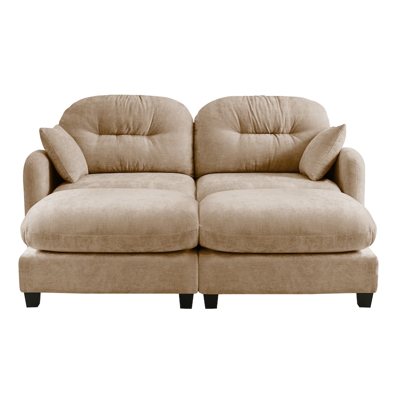 2 Seat Chenille Sofa Round Arms Sectional Sofa, Modern 74" Tufted Back Couch with Ottoman for Lving Room, Small Space