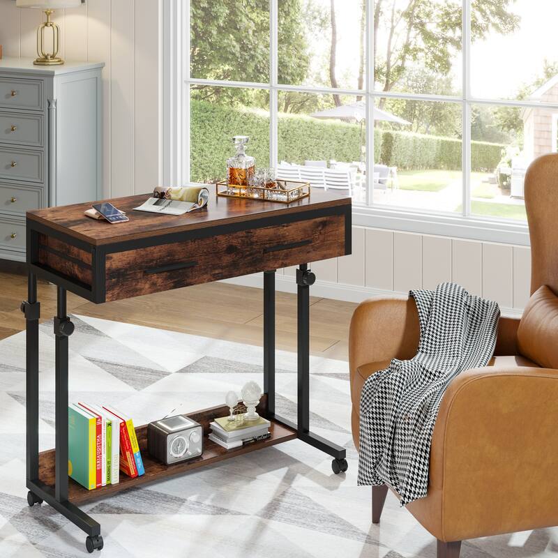 Portable Mobile Laptop Desk with Drawers, Rolling Standing Sofa Side Table for Home Office