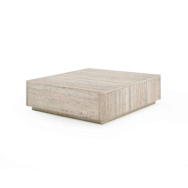 Lia 39 Inch Coffee Table, Square Travertine Stone Finish Laminated Top