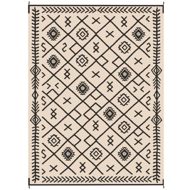 Reversible Outdoor Rug Black Beige Rhombus UV Protected Foldable Camping RV Patio Picnic Mat - 143.7" L x 107.9" W - Black-Beige