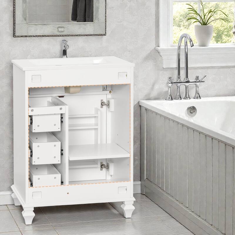 24 Inch Bathroom Vanity with Ceramic Sink, White Freestanding Vanity Cabinet with Flip-Out Drawer and Storage