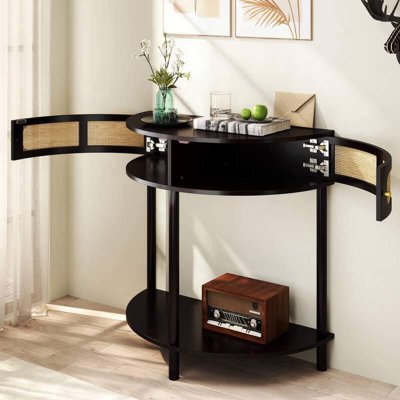 31.88" Half Moon Shaped End Table, Solid Wood Semi Circle Entryway Console Table with 2 Rattan Doors and Bottom Shelf