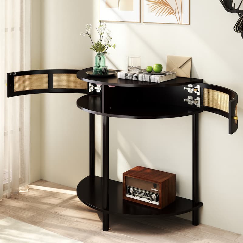 Homy Casa 31.5" Demi-Lune Console Table with 2 Drawers & Shelf, Wave-Pattern Front, Solid Wood Legs, Multiple Colors