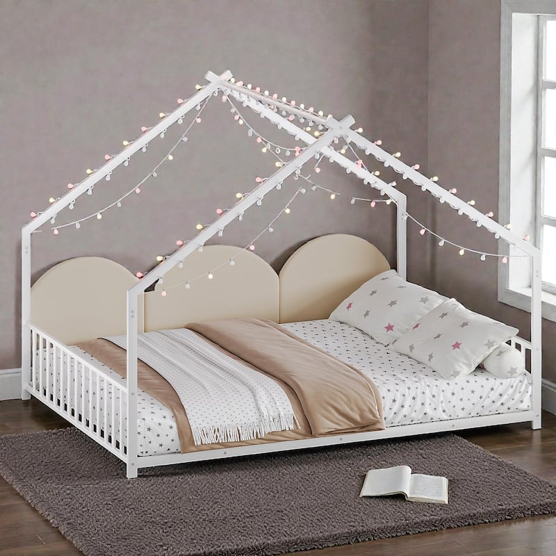 Full Size Kids House Bed Frame with LED Light Strips, Roof-Shaped Metal Floor Bed for Boys & Girls, No Box Spring Needed