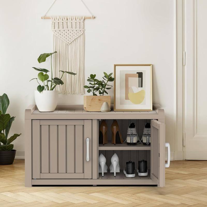 Double Door Shoe Cabinet Waterproof UV-Resistant,Storage Bench Indoor Outdoor -Space-Saving Entryway Organizer​