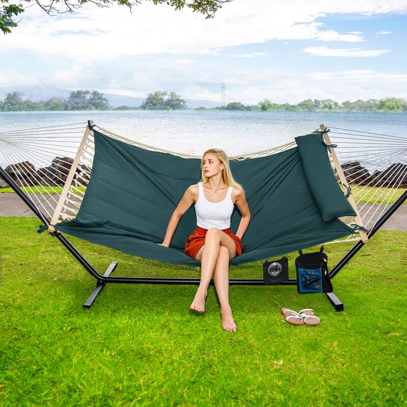 Rope Hammock with Detachable Pillow and Pad, 12FT Steel Stand Included