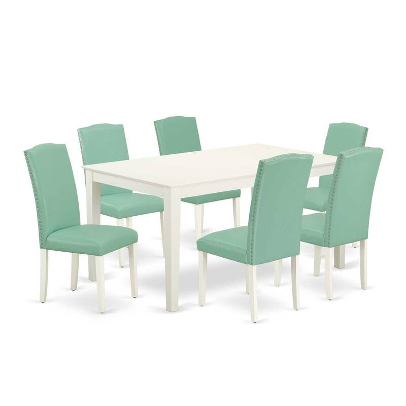 HomeStock 7-Pc Rectangle Linen White Finish Solid Wood Top Dining Table with 6 Parson-Chairs