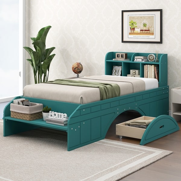 slide 2 of 14, 2 Drawer Platform Bed Hidden Storage Drawers Bed Frame Wood Slat Support with Shelf Headboard Footboard, Full - Dark Green Dark Green - Full