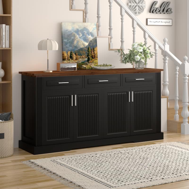 Buffet Sideboard Storage Cabinet with 3 Drawers & 4 Doors, Kitchen Accent Buffet Console Table Credenza with Adjustable Shelves - Black