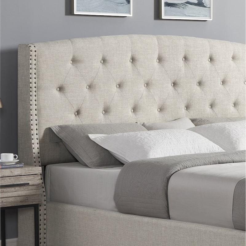 Fabric Button Tufted Wingback Upholstered Queen Bed with Nail Head Trim in Beige