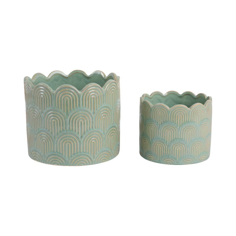 Stoneware Planters Scallop Design and Curved Rim Detail (Set of 2) - 8" x 8" x 7" - Green