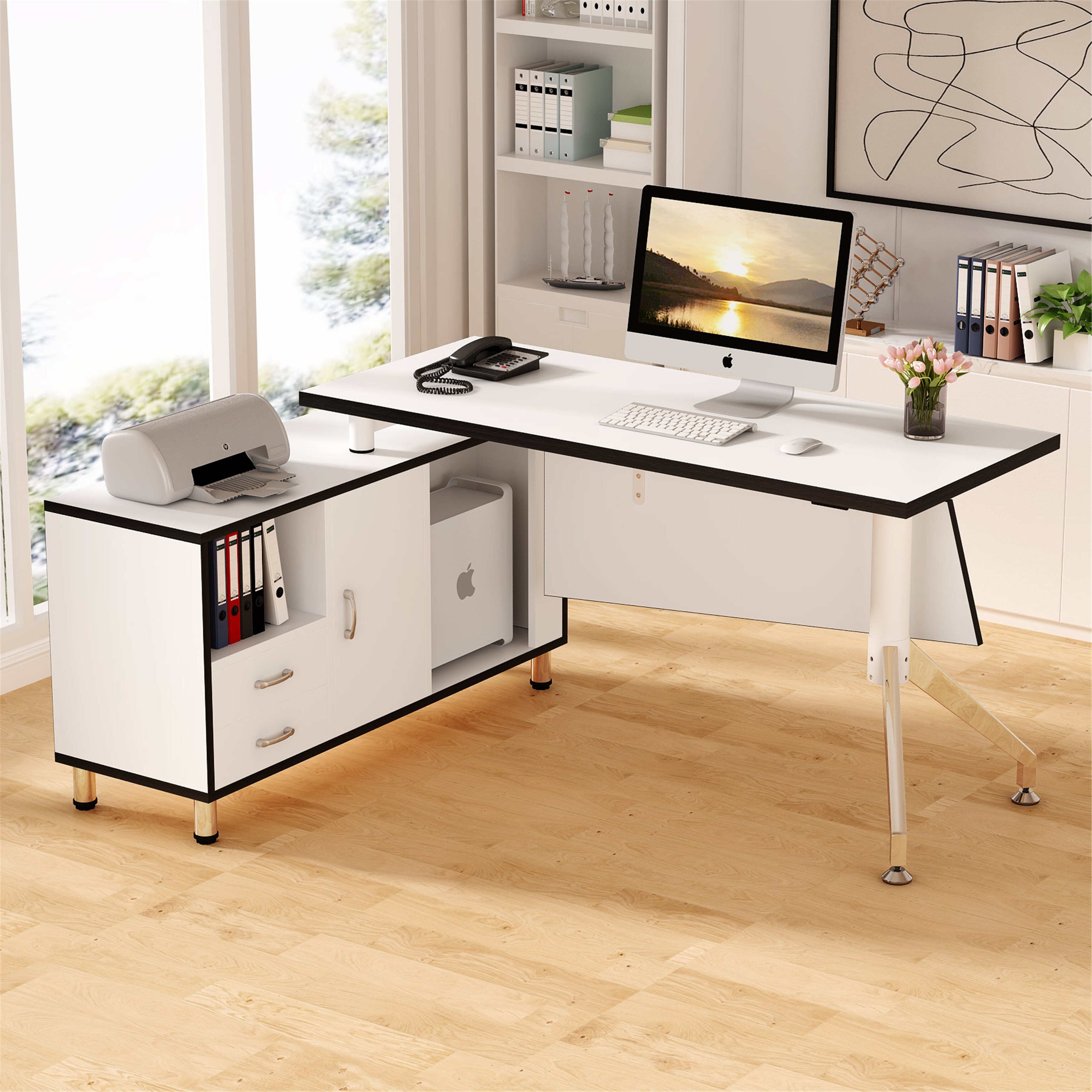 55 Inches Large L Shaped Desk With Storage Cabinet Executive Desk White Overstock 32181198