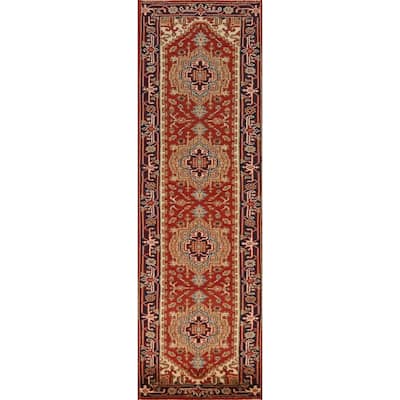 Geometric Heriz Serapi Indian Runner Rug Handmade Red Wool Carpet - 2'6" x 10'3"
