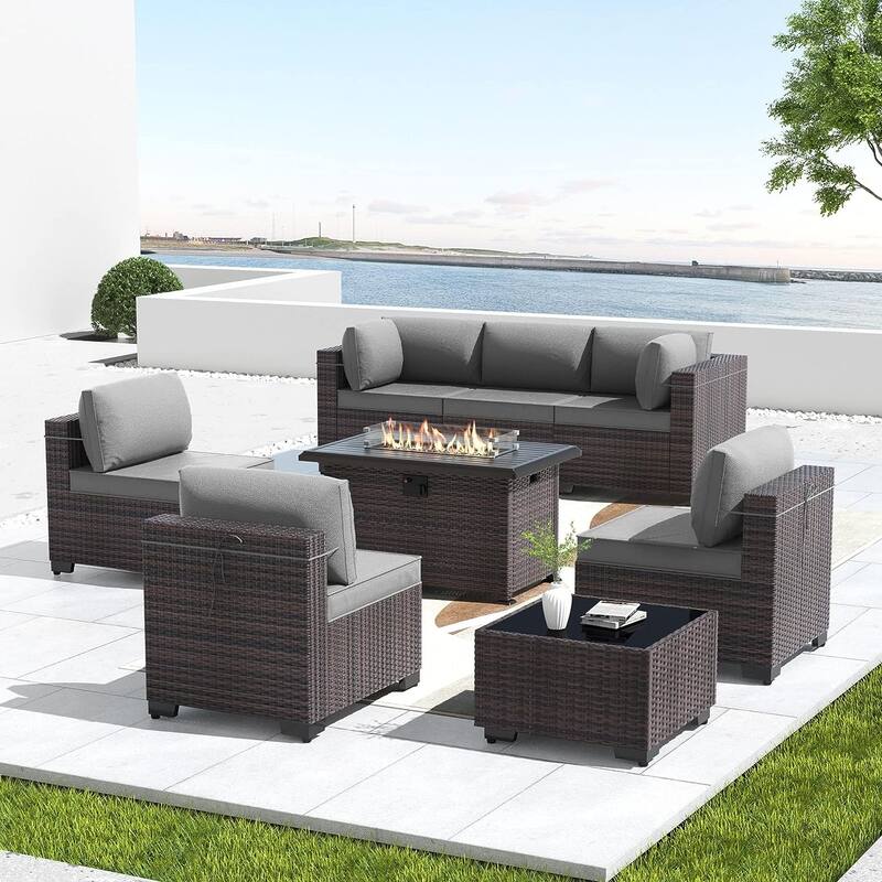 8 Pieces Outdoor Patio Furniture Set, All Weather PE Wicker Sectional Conversion Sofa set w/ Firepit Table - Grey