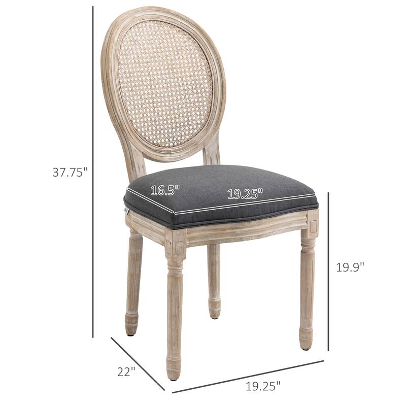 Grey Linen-Polyester Fabric Dining Chair with Curved Rattan Back Set of 2 - 19.3" L x 22" W x 37.8" H