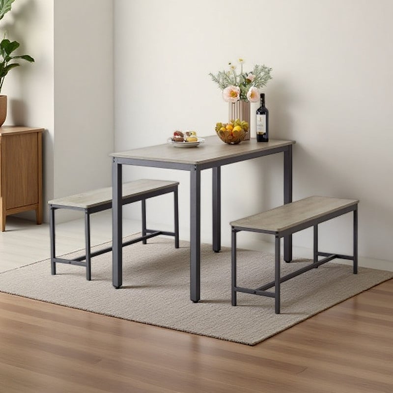 3-Piece Dining Table Set with 2 Benches,Compact Kitchen Table,Wood Grain Top,Metal Frame