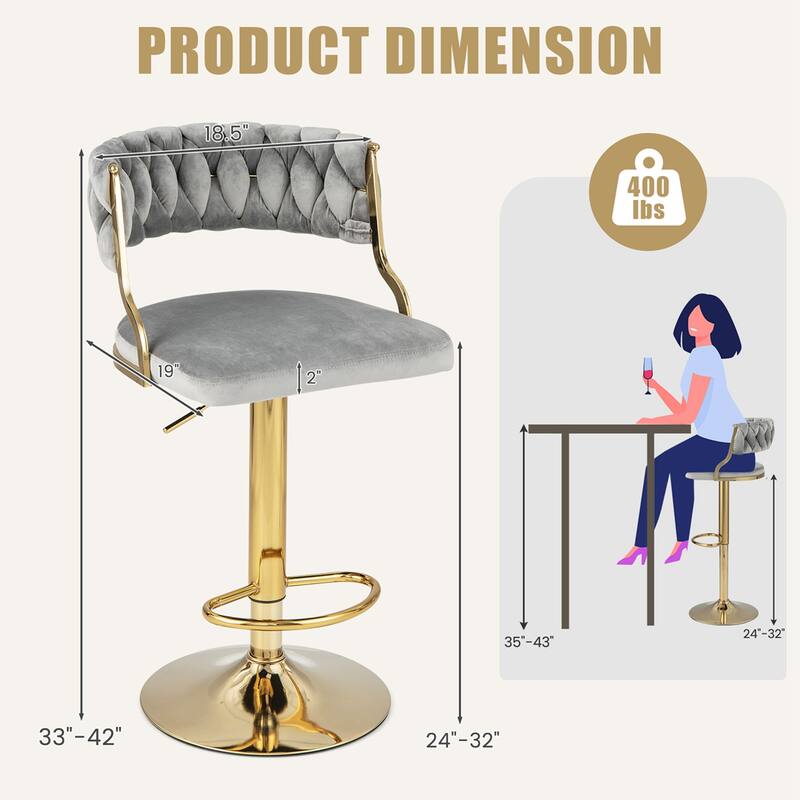 Costway Swivel Velvet Bar Stools Set of 2 Upholstered Adjustable with - See Details
