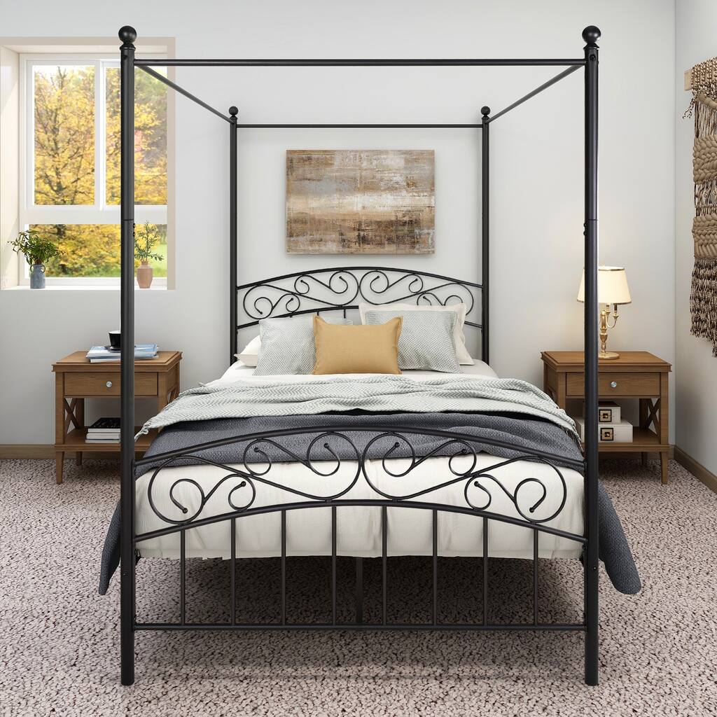 Clara Black Metal Canopy Bed Frame with Head Board