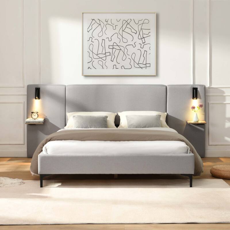 Stylish Design Linen Upholstered Bed with Integrated Lights and Shelves,for Modern and Rustic Interiors - Grey-Queen Size