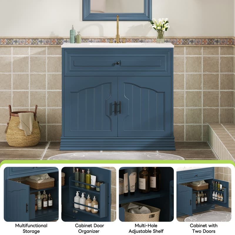 36"W Luxurious Bathroom Vanity with Ceramic Sink, Solid Wood Frame Bathroom Storage Cabinet with 2 Soft-Closing Doors