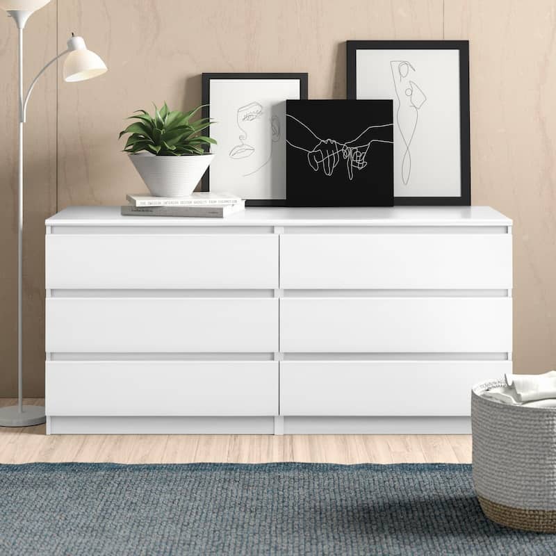 Modern Style Double Dresser White Finish Storage Cabinet with 6 Drawers Anti Tipping Device, for Bedroom Living Room Hallway - White