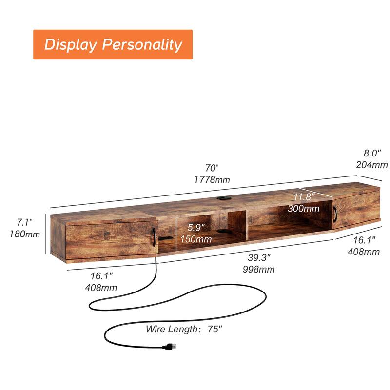 Floating TV Stand with Charging Station and LED Light