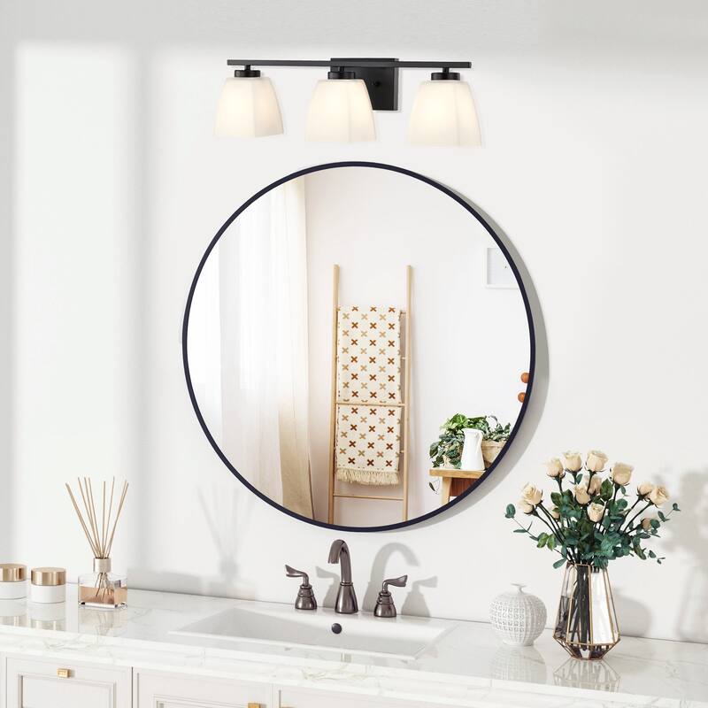 Brushed Nickel/Matte Black/Gold Modern 3-Light Vanity Light with Square Etched White Glass Shades