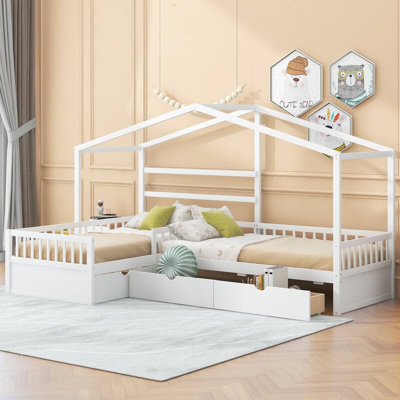 Roomfitters Twin House Platform Bed with Roof-Inspired Frame and Three Underbed Compartments