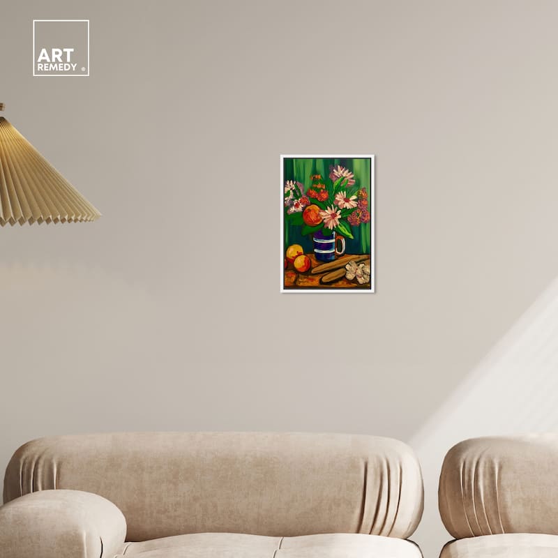 Art Remedy Floral Vase And Fruits Framed Flowers In Vase Paintings