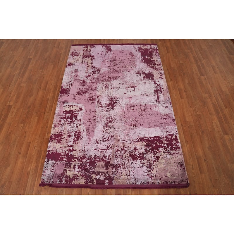 Machine Made Oriental Polyester Carpet Abstract Pink Distressed Area Rug - 7' 5'' X 5' 2''
