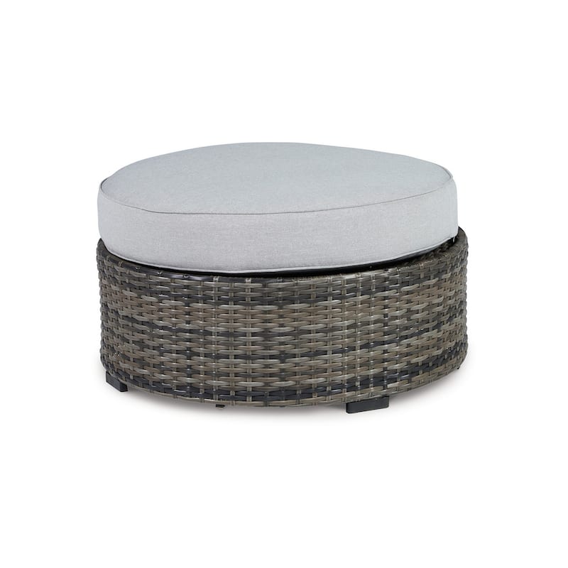 Saki 32 Inch Outdoor Ottoman, Round Cushion, Wicker, Light Gray Fabric