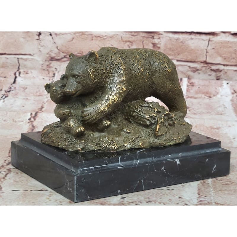Bronze Bear And Cub Statue Realistic Wildlife Sculpture Decor