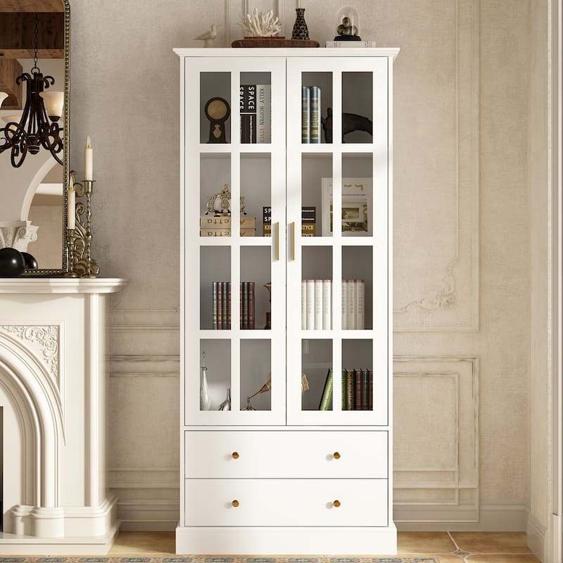 Display Cabinet with Glass Doors Bookcase Accent Living Room Hallway - 70.1"Hx31.5"W - White