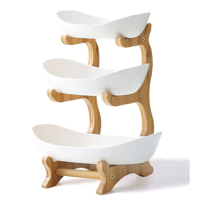 3 Tier Ceramic Fruit Bowl With Bamboo Wood Stand for Kitchen Counter,Porcelain Fruit Basket for Vegetable Storagee - Brown/Black