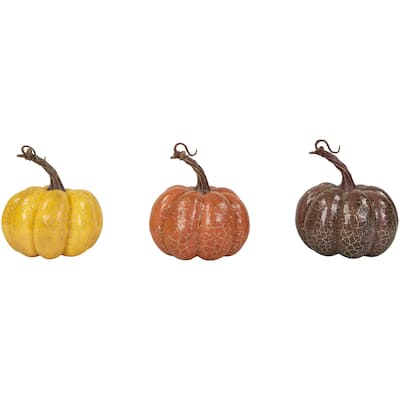 Crackle Finish Fall Harvest Pumpkins - 4" - Orange Yellow and Brown - Set of 3