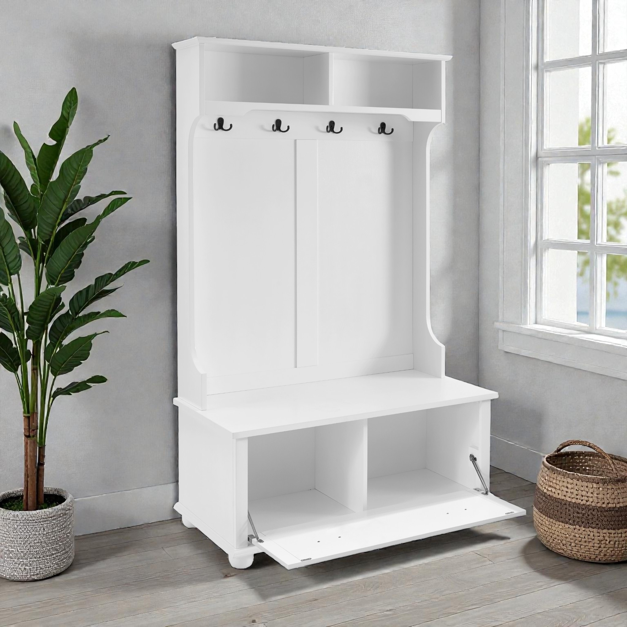 Coastal Style Hall Tree with Bench, Entryway Storage Cabinet with Solid Wood Feet, Coat Rack with Open Shelves and Shoe Storage