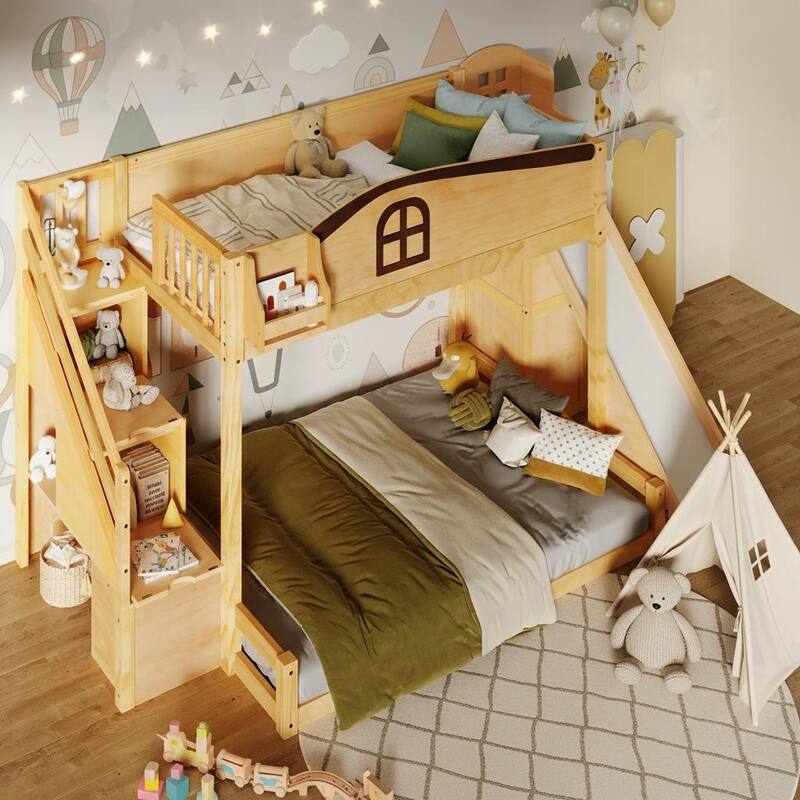 Playhouse-Inspired Twin over Full Bunk Bed with Slide, Storage Staircase & Wardrobe by Harper&Bright Designs