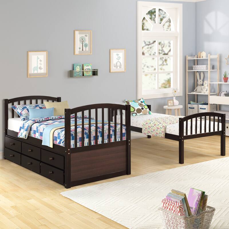 Twin Pine Bunk Bed with Trundle, Drawers, and Ladder