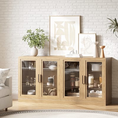 62"LX31"H Solid Wood Kitchen Pantry Sideboard Buffet Cabinet Storage with Glass Doors