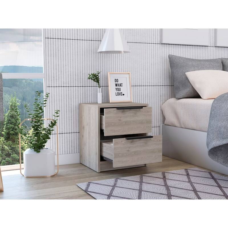 Modern 2-Drawer Nightstand with Metal Handles, Light Gray Finish - Compact Side Table for Bedroom or Living Room