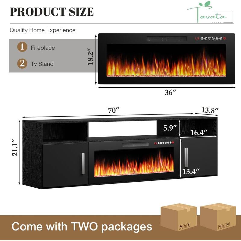BOSSIN 70" Floating TV Stand with 36" Electric Fireplace, High Gloss Finish Wall Mounted Fireplace TV Stand with Storage